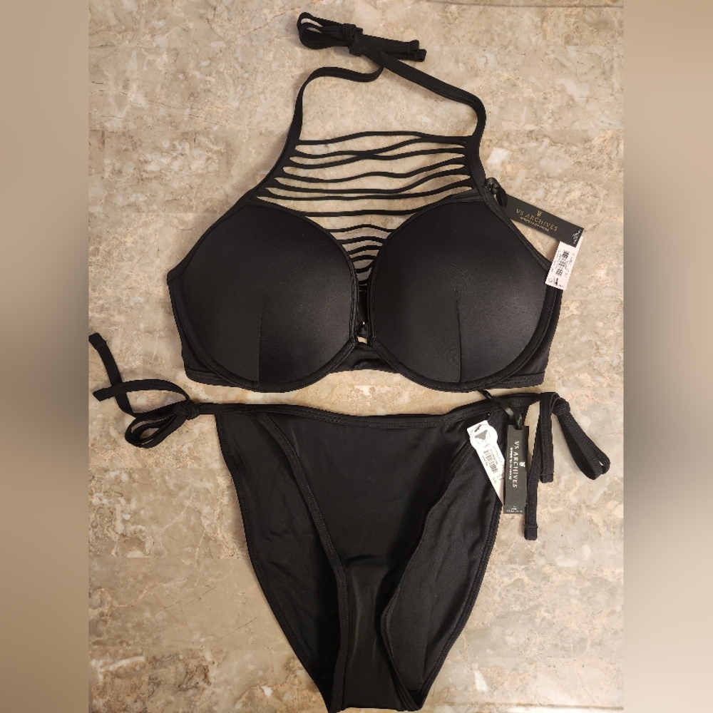 34DD/M/L VS Archives Swim Sexy Tee Side Tie Cheeky Bikini Set Black Tropical